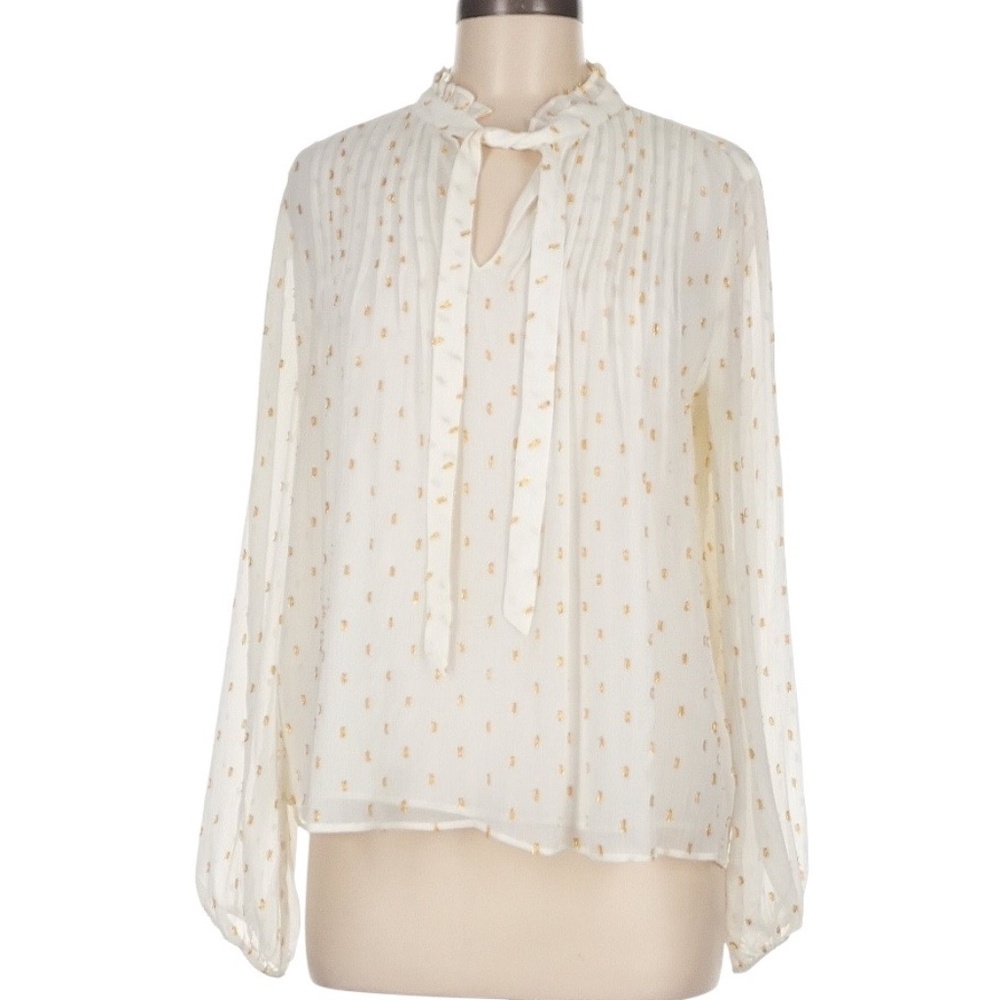Ann Taylor Elegant Blouse Long Sleeves Ruffle Tie V-Neck